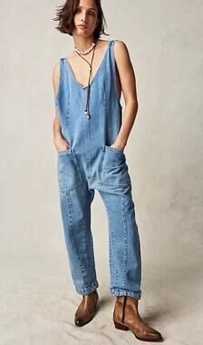 Free People We The Free High Roller Jumpsuit Large Light Blue Jean Medium Wash